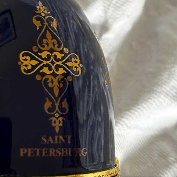 Russion AKM Porcelain Cobalt Blue Gold Egg Shaped Trinket Box Saint Petersburg - Picture 4 of 13